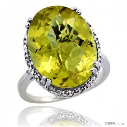 14k White Gold Diamond Halo Large Lemon Quartz Ring 10.3 ct Oval Stone 18x13 mm, 3/4 in wide