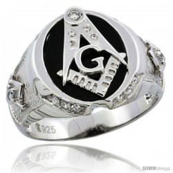 Sterling Silver Men's Black Onyx Masonic Ring CZ Stones & Textured Sides, 5/8 in (16 mm) wide