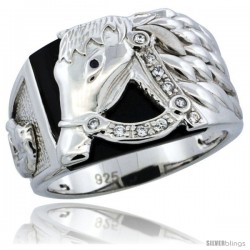 Sterling Silver Men's Black Onyx Horse Ring CZ Stones, 1/2 in (14.5 mm) wide