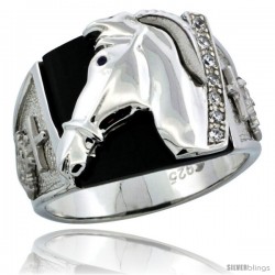 Sterling Silver Men's Black Onyx Horse Ring CZ Stones & Mariner Anchor on Sides, 5/8 in (16 mm) wide