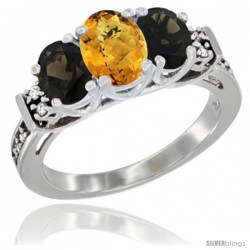 14K White Gold Natural Whisky Quartz & Smoky Topaz Ring 3-Stone Oval with Diamond Accent