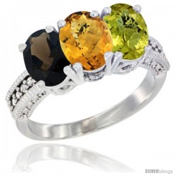 14K White Gold Natural Smoky Topaz, Whisky Quartz & Lemon Quartz Ring 3-Stone 7x5 mm Oval Diamond Accent