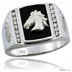 Sterling Silver Men's Black Onyx Horse Ring CZ Stones & Hexagon Accents, 19/32 in (15 mm) wide