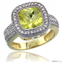 14K Yellow Gold Natural Lemon Quartz Ring Diamond Accent, Cushion-cut 9x9 Stone Diamond Accent