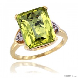 14k Yellow Gold Ladies Natural Lemon Quartz Ring Emerald-shape 12x10 Stone Diamond Accent