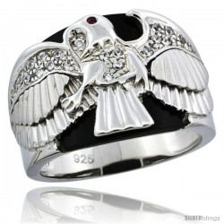 Sterling Silver Men's Black Onyx American Eagle Ring CZ Stones & Frosted Star Accents, 3/4 in (20 mm) wide