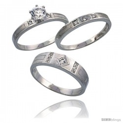 Sterling Silver 3-Piece Trio His (5.5 mm) & Hers (3 mm) CZ Wedding Ring Band Set