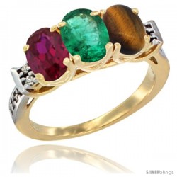 10K Yellow Gold Natural Ruby, Emerald & Tiger Eye Ring 3-Stone Oval 7x5 mm Diamond Accent
