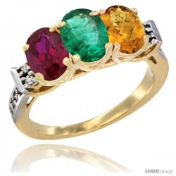 10K Yellow Gold Natural Ruby, Emerald & Whisky Quartz Ring 3-Stone Oval 7x5 mm Diamond Accent