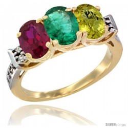10K Yellow Gold Natural Ruby, Emerald & Lemon Quartz Ring 3-Stone Oval 7x5 mm Diamond Accent
