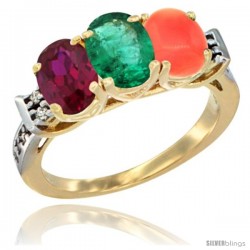 10K Yellow Gold Natural Ruby, Emerald & Coral Ring 3-Stone Oval 7x5 mm Diamond Accent