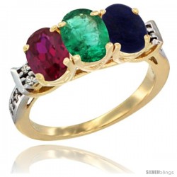 10K Yellow Gold Natural Ruby, Emerald & Lapis Ring 3-Stone Oval 7x5 mm Diamond Accent