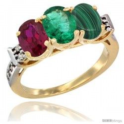 10K Yellow Gold Natural Ruby, Emerald & Malachite Ring 3-Stone Oval 7x5 mm Diamond Accent