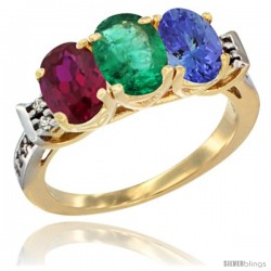 10K Yellow Gold Natural Ruby, Emerald & Tanzanite Ring 3-Stone Oval 7x5 mm Diamond Accent