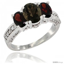 10K White Gold Ladies Oval Natural Smoky Topaz 3-Stone Ring with Garnet Sides Diamond Accent