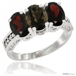 10K White Gold Natural Smoky Topaz & Garnet Sides Ring 3-Stone Oval 7x5 mm Diamond Accent