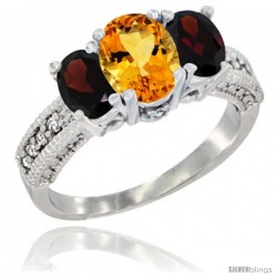 10K White Gold Ladies Oval Natural Citrine 3-Stone Ring with Garnet Sides Diamond Accent