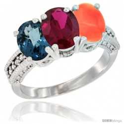10K White Gold Natural London Blue Topaz, Ruby & Coral Ring 3-Stone Oval 7x5 mm Diamond Accent