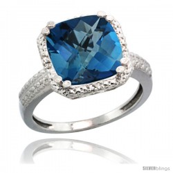 10k White Gold Diamond London Blue Topaz Ring 5.94 ct Checkerboard Cushion 11 mm Stone 1/2 in wide