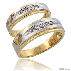 14k Gold 2-Piece His (7mm) & Hers (5mm) Diamond Wedding Band Set w/ Rhodium Accent, w/ 0.16 Carat Brilliant Cut Diamonds