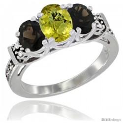 14K White Gold Natural Lemon Quartz & Smoky Topaz Ring 3-Stone Oval with Diamond Accent