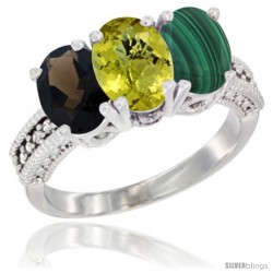 14K White Gold Natural Smoky Topaz, Lemon Quartz & Malachite Ring 3-Stone 7x5 mm Oval Diamond Accent