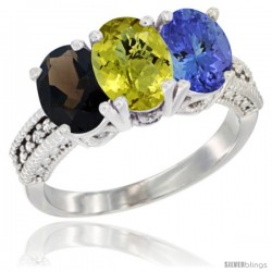 14K White Gold Natural Smoky Topaz, Lemon Quartz & Tanzanite Ring 3-Stone 7x5 mm Oval Diamond Accent