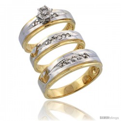 14k Gold 3-Piece Trio His (7mm) & Hers (5mm) Diamond Wedding Band Set w/ Rhodium Accent, w/ 0.28 Carat Brilliant Cut Diamonds