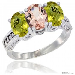 14K White Gold Natural Morganite Ring with Lemon Quartz 3-Stone 7x5 mm Oval Diamond Accent