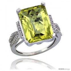 14k White Gold Diamond Lemon Quartz Ring 12 ct Emerald Shape 16x12 Stone 3/4 in wide