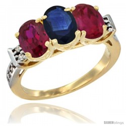 10K Yellow Gold Natural Blue Sapphire & Ruby Sides Ring 3-Stone Oval 7x5 mm Diamond Accent