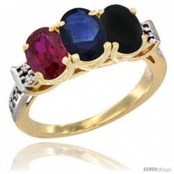 10K Yellow Gold Natural Ruby, Blue Sapphire & Black Onyx Ring 3-Stone Oval 7x5 mm Diamond Accent