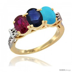 10K Yellow Gold Natural Ruby, Blue Sapphire & Turquoise Ring 3-Stone Oval 7x5 mm Diamond Accent