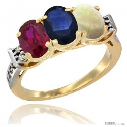 10K Yellow Gold Natural Ruby, Blue Sapphire & Opal Ring 3-Stone Oval 7x5 mm Diamond Accent