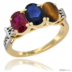 10K Yellow Gold Natural Ruby, Blue Sapphire & Tiger Eye Ring 3-Stone Oval 7x5 mm Diamond Accent