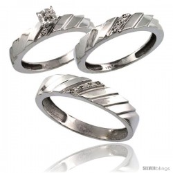 14k White Gold 3-Pc. Trio His (5mm) & Hers (4mm) Diamond Wedding Ring Band Set, w/ 0.075 Carat Brilliant Cut Diamonds