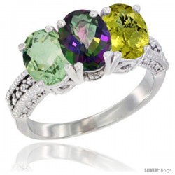 14K White Gold Natural Green Amethyst, Mystic Topaz & Lemon Quartz Ring 3-Stone 7x5 mm Oval Diamond Accent