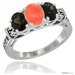 14K White Gold Natural Coral & Smoky Topaz Ring 3-Stone Oval with Diamond Accent