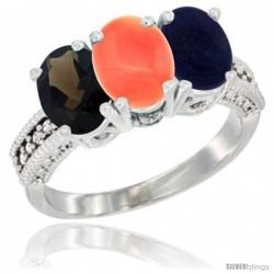 14K White Gold Natural Smoky Topaz, Coral & Lapis Ring 3-Stone 7x5 mm Oval Diamond Accent