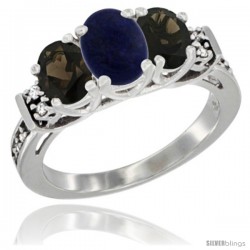 14K White Gold Natural Lapis & Smoky Topaz Ring 3-Stone Oval with Diamond Accent