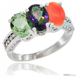 14K White Gold Natural Green Amethyst, Mystic Topaz & Coral Ring 3-Stone 7x5 mm Oval Diamond Accent