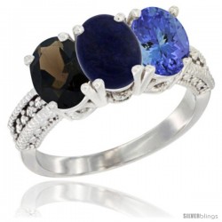 14K White Gold Natural Smoky Topaz, Lapis & Tanzanite Ring 3-Stone 7x5 mm Oval Diamond Accent