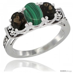 14K White Gold Natural Malachite & Smoky Topaz Ring 3-Stone Oval with Diamond Accent