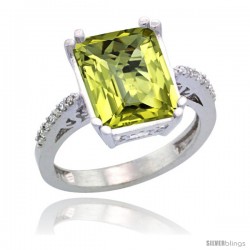 14k White Gold Diamond Lemon Quartz Ring 5.83 ct Emerald Shape 12x10 Stone 1/2 in wide