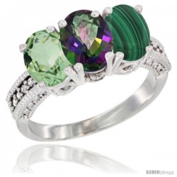 14K White Gold Natural Green Amethyst, Mystic Topaz & Malachite Ring 3-Stone 7x5 mm Oval Diamond Accent