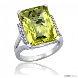 14k White Gold Diamond Lemon Quartz Ring 12 ct Emerald Cut 16x12 stone 3/4 in wide