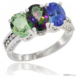 14K White Gold Natural Green Amethyst, Mystic Topaz & Tanzanite Ring 3-Stone 7x5 mm Oval Diamond Accent