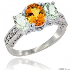 14k White Gold Ladies Oval Natural Citrine 3-Stone Ring with Green Amethyst Sides Diamond Accent