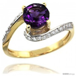 14k Gold Natural Amethyst Swirl Design Ring 6 mm Round Shape Diamond Accent, 1/2 in wide