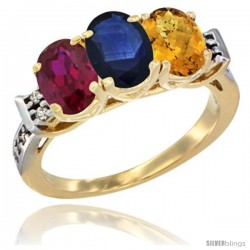 10K Yellow Gold Natural Ruby, Blue Sapphire & Whisky Quartz Ring 3-Stone Oval 7x5 mm Diamond Accent